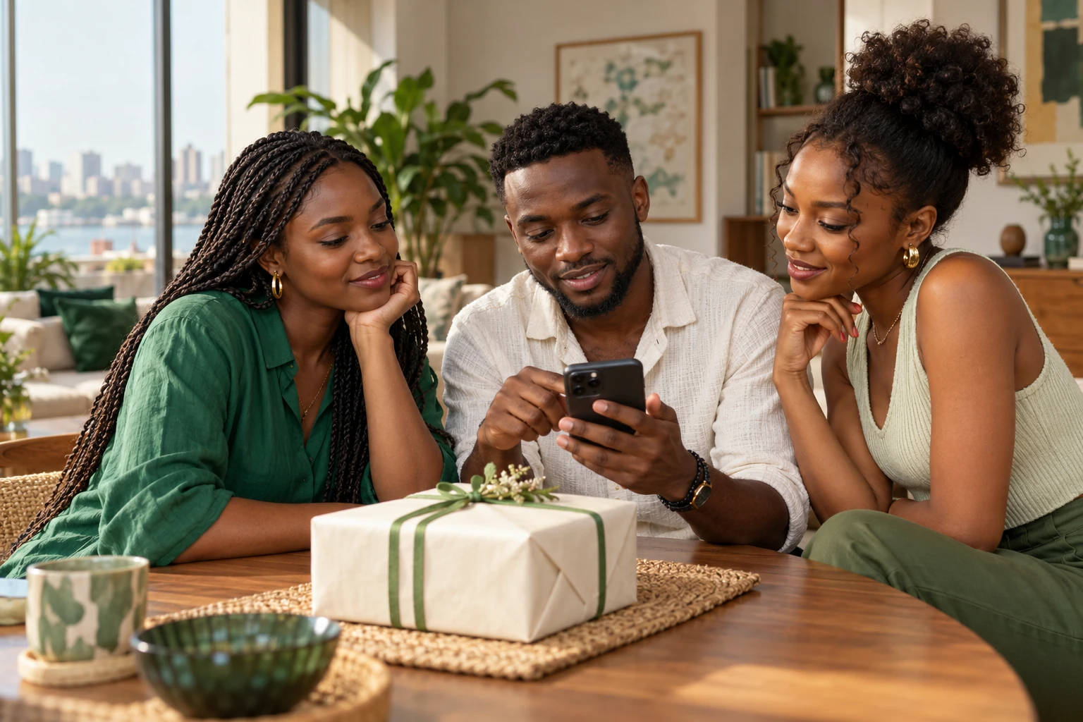 Trois amis préparent ensemble un cadeau et consultent leur téléphone.