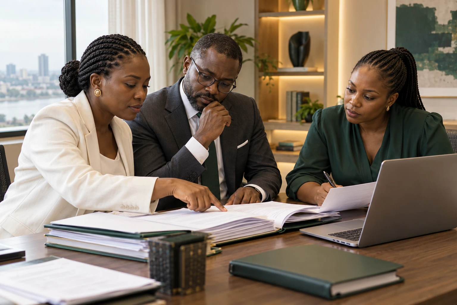 Trois professionnels examinent un dossier et ses références autour d’une table.