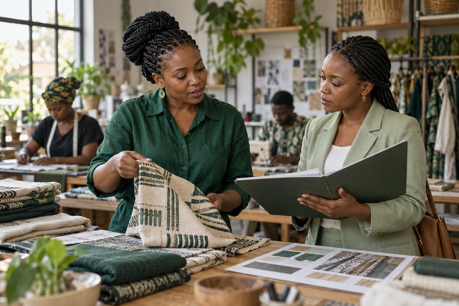 Une fondatrice présente son activité dans un atelier textile.