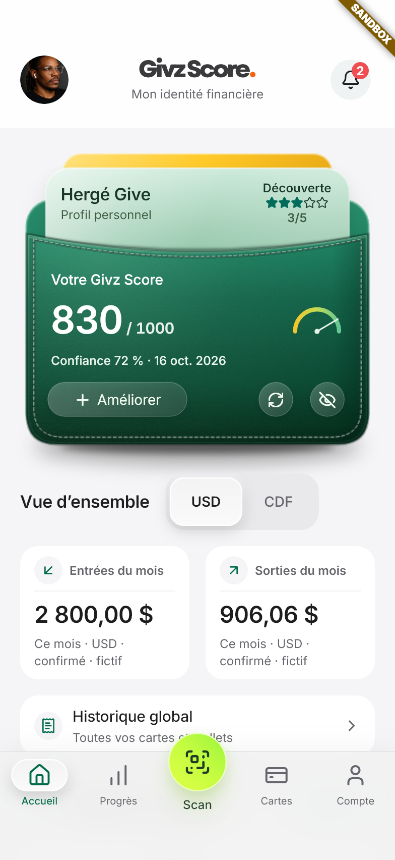 Exemple de score 830 sur 1000, confiance des données 72 %, daté du 16 octobre 2026