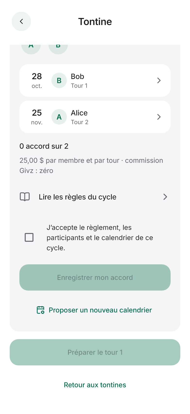 Interface Givz Score : tontine-calendar