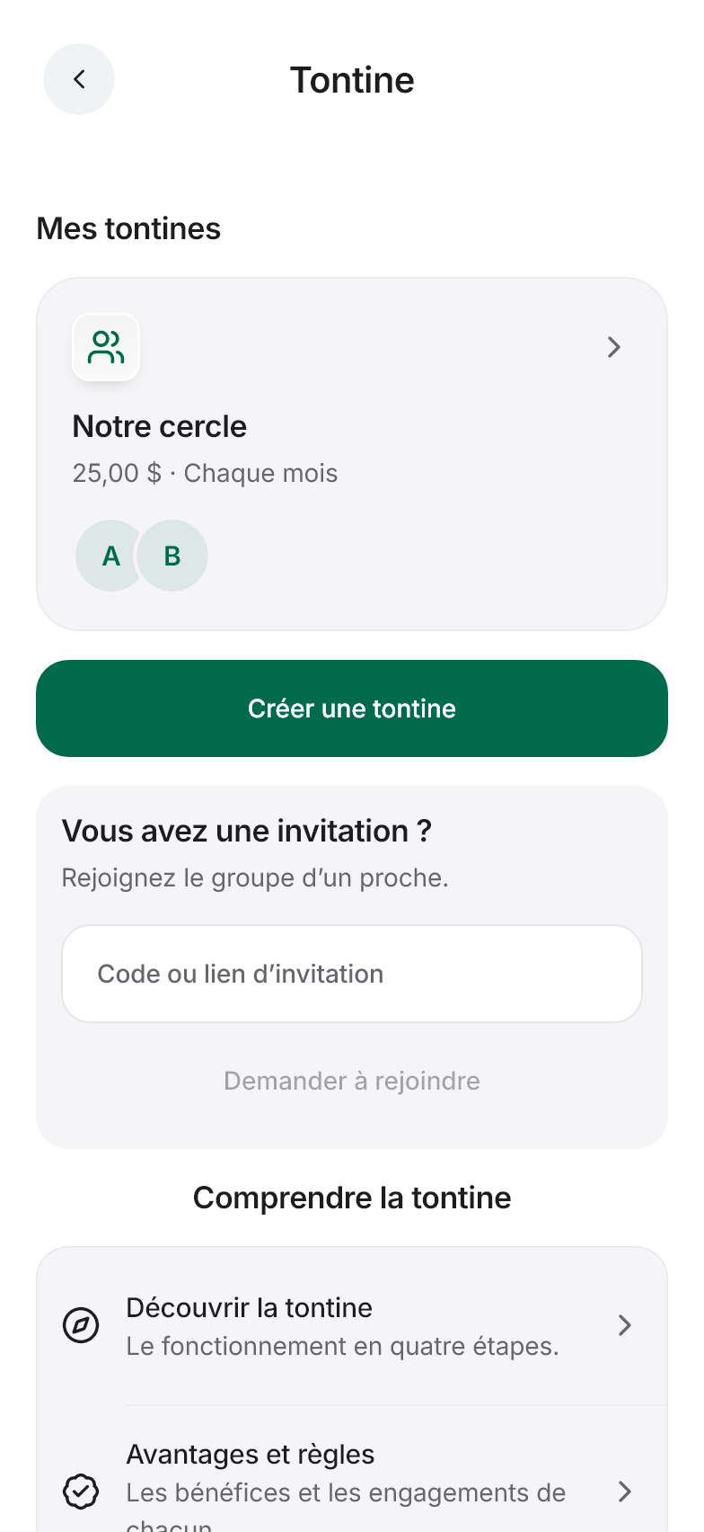 Interface Givz Score : tontine
